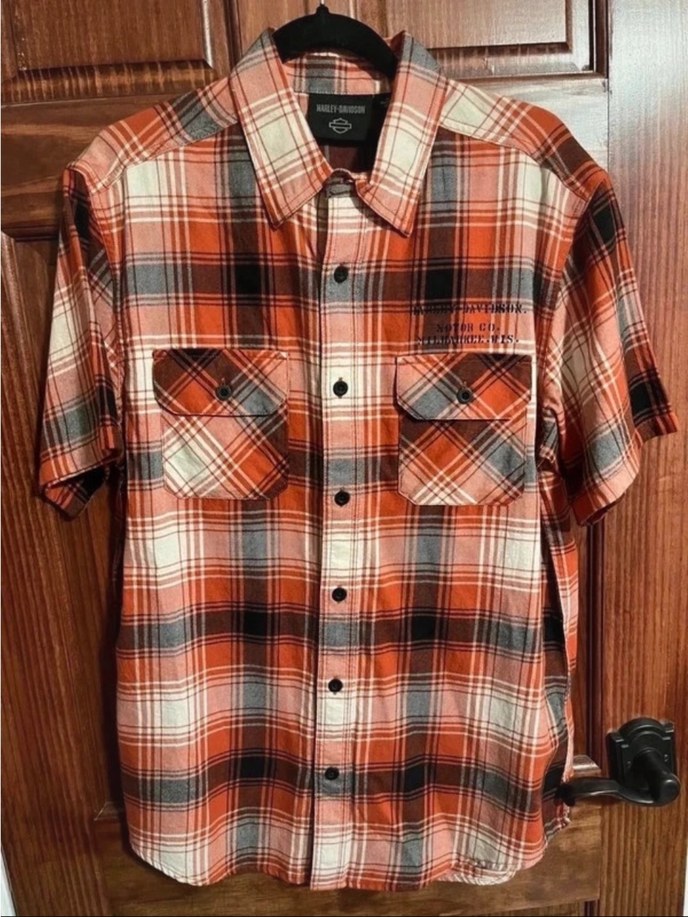 Harley-Davidson Orange, Black & White Plaid Short-Sleeve Button-Down Shirt